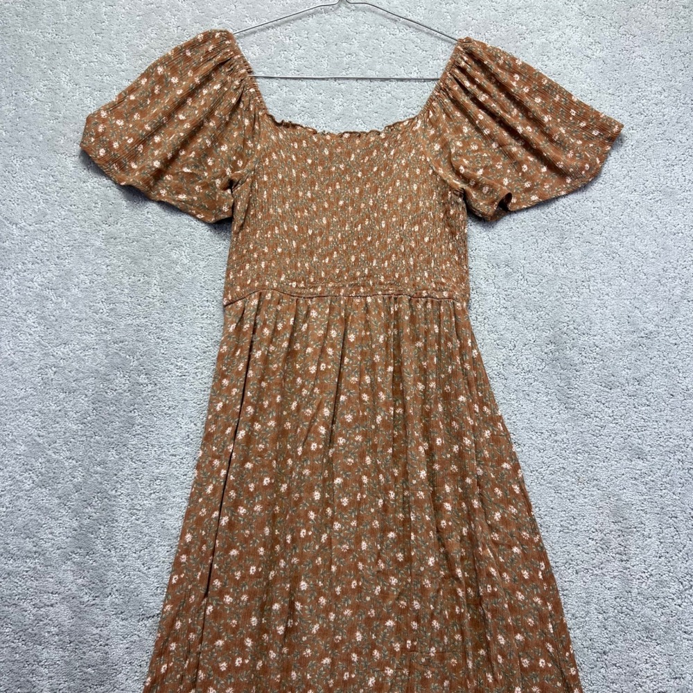 Heyson Dress Womens Small Brown Floral Smocked Flutter Sleeve Maxi Rayon